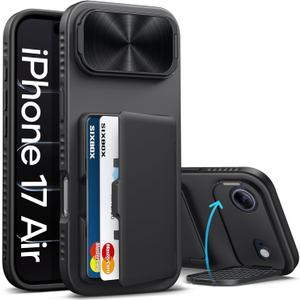 for iPhone Air Case Wallet, Built-in Stand & Card Holder & Camera Cover, Rugged Military Grade Drop Protection Heavy Duty Hard Protective Phone Cover Case for iPhone Air 6.5" 2025, Black