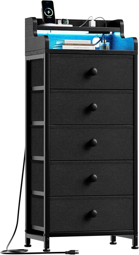 REAHOME Dresser for Bedroom with Charging Station and LED Lights, 5 Drawers Dresser Black Chest of Drawers with Shelves, Tall Night Stand with Sturdy Steel Frame & Wood Top for Bedroom - Black Grey