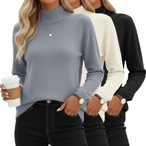 Oakgarden 3 Pack Women's Mock Turtleneck Knit Sweaters, Crew Neck Long Sleeve Tops Lightweight Thermal Pullover Basic Shirts (Gray, White, Black, Small)