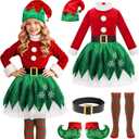 Christmas Elf Costume for Girls Santa Helper Christmas Elf Costume Set for Xmas Holiday Party Dress Outfit (5-6 Years)