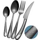 Xideman 16-Piece ​Modern Black Hammered Silverware Set with Ultra Sharp 2-IN-1 Serrated Knives, 18/ 10 Stainless Steel Flatware Set, Titanium ​Plated Cutlery Set Service for 4, Dishwasher Safe