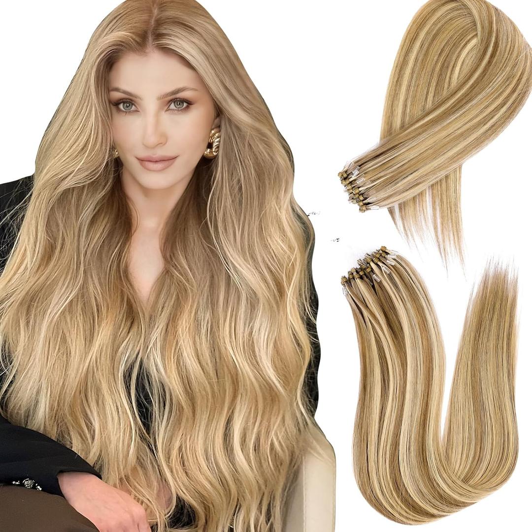 Microlink Hair Extensions Human Hair Microbead 100% Remy Hair #613/18 Brown Light Brown Mix Blonde 14inch 40G MicroLoop Extensions Real Human Hair Blonde Natural Look & Salon Quality
