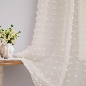 Beige Sheer Curtains 63 Inch Length for Bedroom Living Room Kids Nursery Window Pompom Design Country Rustic Farmhouse Boho Cute Semi Sheer Curtain Modern Elegant Back Tab 2 Panels 52x63 Light Beige