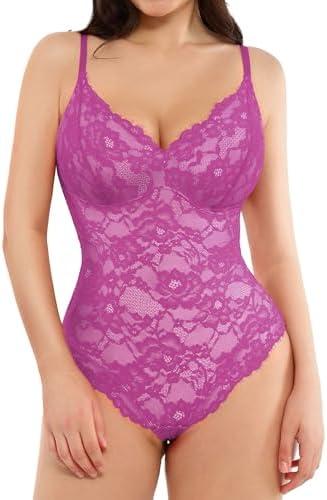 Popilush Shapewear Bodysuit V Neck Tummy Control Backless Lace Tank Tops Sleeveless Thong Bodysuit, Purple, Size L