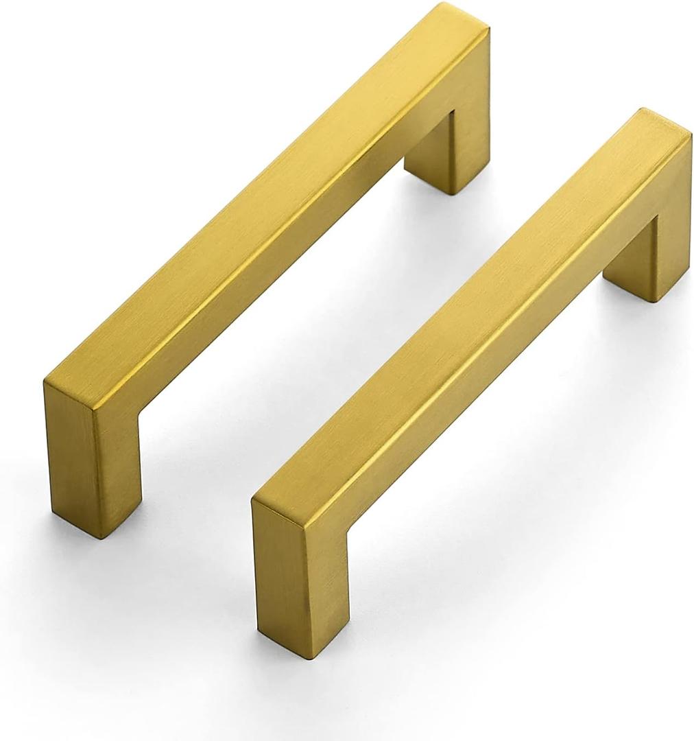 Ravinte 30 Pack 4 Inch Square Cabinet Handles, Brushed Brass Finish, Stainless Steel Kitchen Hardware Pulls with 4" (102mm) Hole Center for Cabinets, Gold