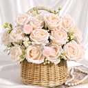 50 Pcs Champagne Roses Artificial Flowers, Real Touch Velvet Roses Bouquet Fake Flowers Bulk, Artificial Roses with Long Stems for Birthday Gift Women Mom DIY Bridal Wedding Centerpiece Decorations