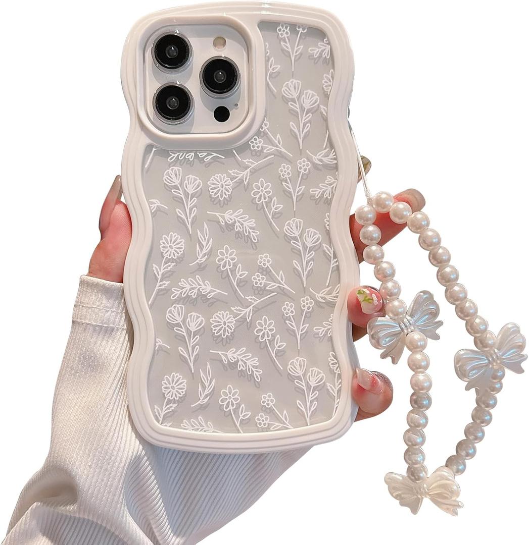 Dyale Compatible for iPhone 14 Case for Women Girls,Cute Curly Wave Wavy Frame Shape Shockproof Soft TPU 2 in 1 with Bow Bracelet Flower Floral Phone Cove for Women Girl