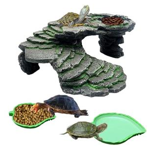 3PCS Turtle Basking Platform Tortoise Resin Dock Tortoise Climbing Ramp Shale with Leaf Tortoise Food Dish Reptile Food Water Bowls Great for Reptiles,Amphibians and Fish