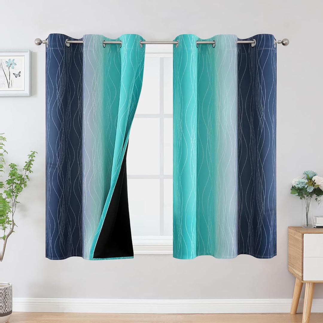 Estelar Textiler Navy Blue and Teal Ombre Blackout Curtains 45 Inch Length 2 Panels, Full Room Darkening Gradient Drapes for Kitchen, Thermal Insulated Grommet Short Curtains for Bathroom,42Wx45L