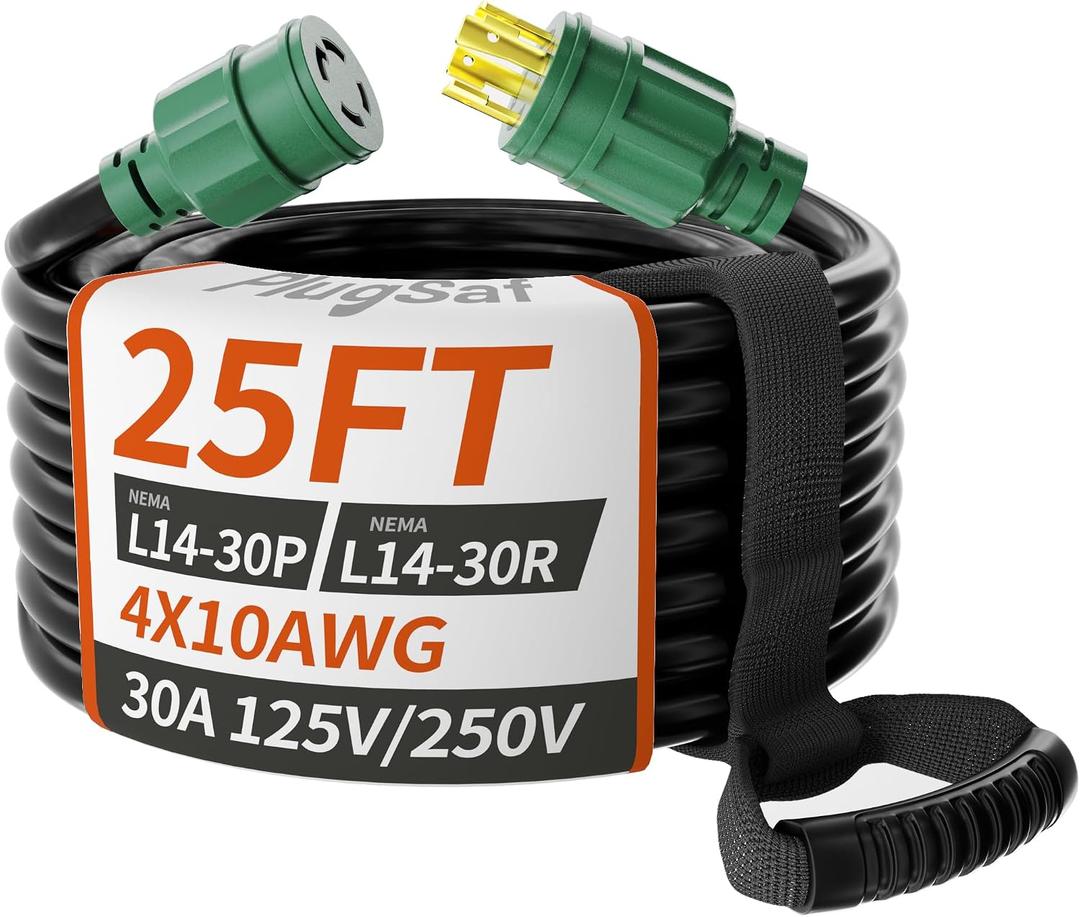 PlugSaf 25FT 30 Amp Generator Extension Cord 4 Prong, NEMA L14-30P/L14-30R 10 Gauge STW 125/250V Twist Lock Generator Cord Heavy Duty, Black ETL Listed