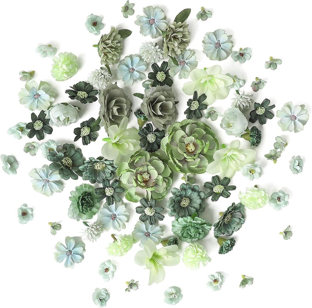 Floroom Mini Artificial Flower Heads Sage & Olive Green Fake Peony Daisy Rose Multicolor Small Faux Silk Flower Heads for Cake Craft Garland Wedding Party Graduation Cap DIY Home Decoration, 0.8"-3.6"