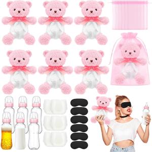 6 Set Bottle Chug Pink Baby Shower Games Bear Blindfolded Diaper Changing Games Kits Plastic Bottles Disposable Diapers Blindfold Eye Masks Bear Baby Shower Party Guest Gifts