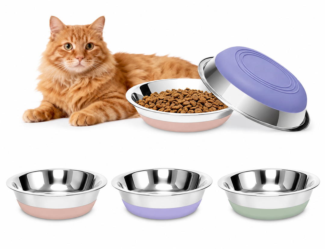 Stainless Steel Cat Bowls, Cat Dishes Whisker Friendly with Non-Slip Silicone Bottom, Easy to Clean, 5.5" Shallow Wide Cat Food and Water Feeding Bowl for Indoor Outdoor Cats, Pack of 3