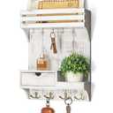 Rebee Vision Farmhouse Key Holder Wall Mount with Mini Drawer Organizer - Decorative Mail Organizer with 9 Key Hooks & Shelf - Ideal Apartment Essentials for Home Decor (Whitewash)