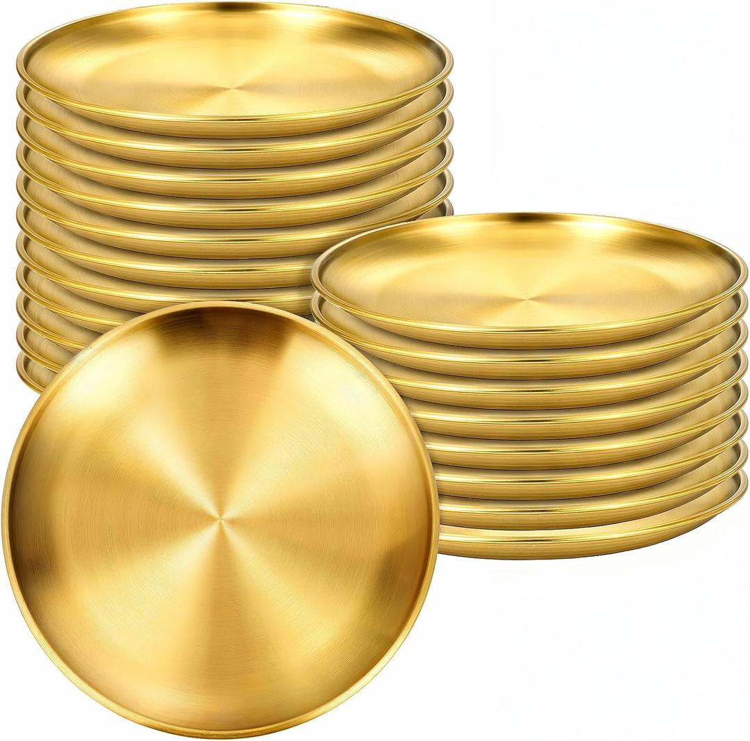 20 Pieces Gold Stainless Steel Plates, 6.5 Inch Metal Round Dinner Dishes, Reusable and Dishwasher Safe for BBQ, Salad, Snack, Desserts, Food Serving, Outdoor Camping