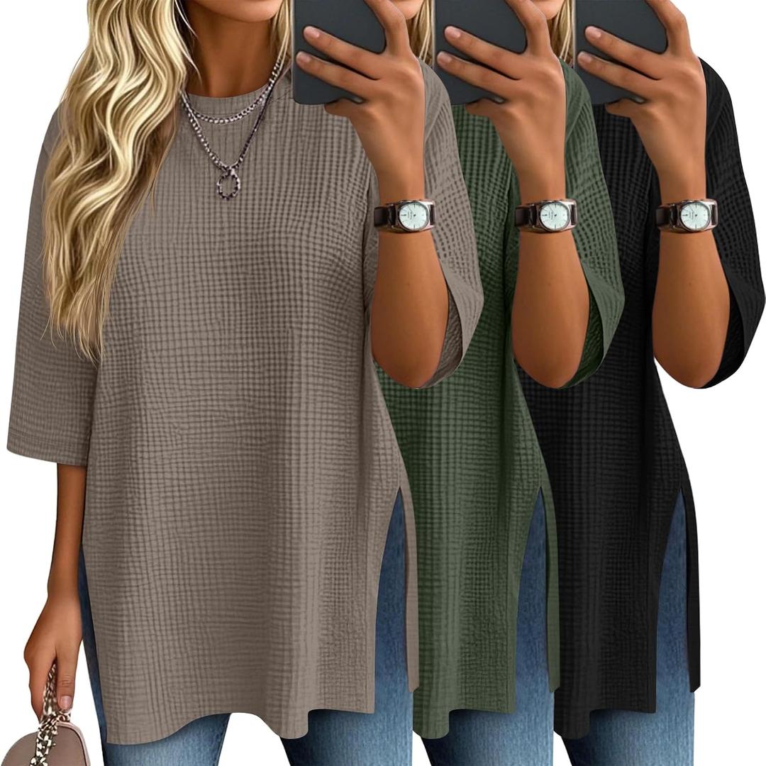 3 Pack Women's 3/4 Sleeve Waffle Knit Tops Oversized Crewneck T-Shirts Loose Casual Blouses Side Split Tees, XXL