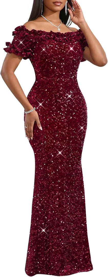 dasmzper Women Sexy Sequin Off Shoulder Ruffle Short Sleeve Bodycon Mermaid Party Formal Evening Maxi Dress (XX-Large, Wine Red)