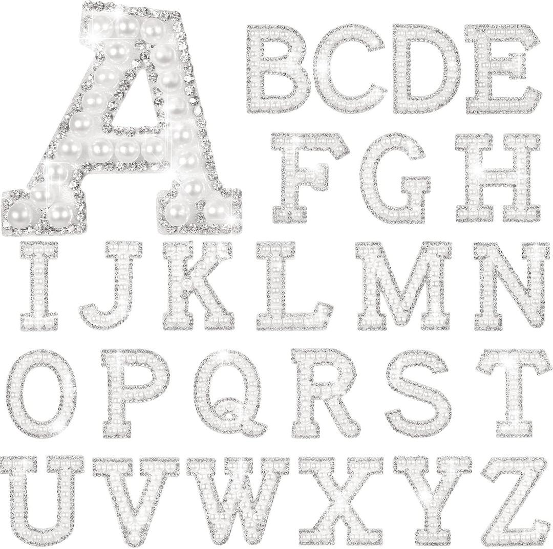 Waydress 26 Piece Rhinestone Iron on Patch A to Z Letter Appliques Adhesive White Pink Colorful Pearl Bling Patch Glitter Alphabet Embellishments for DIY Craft Supplies(Solid White)