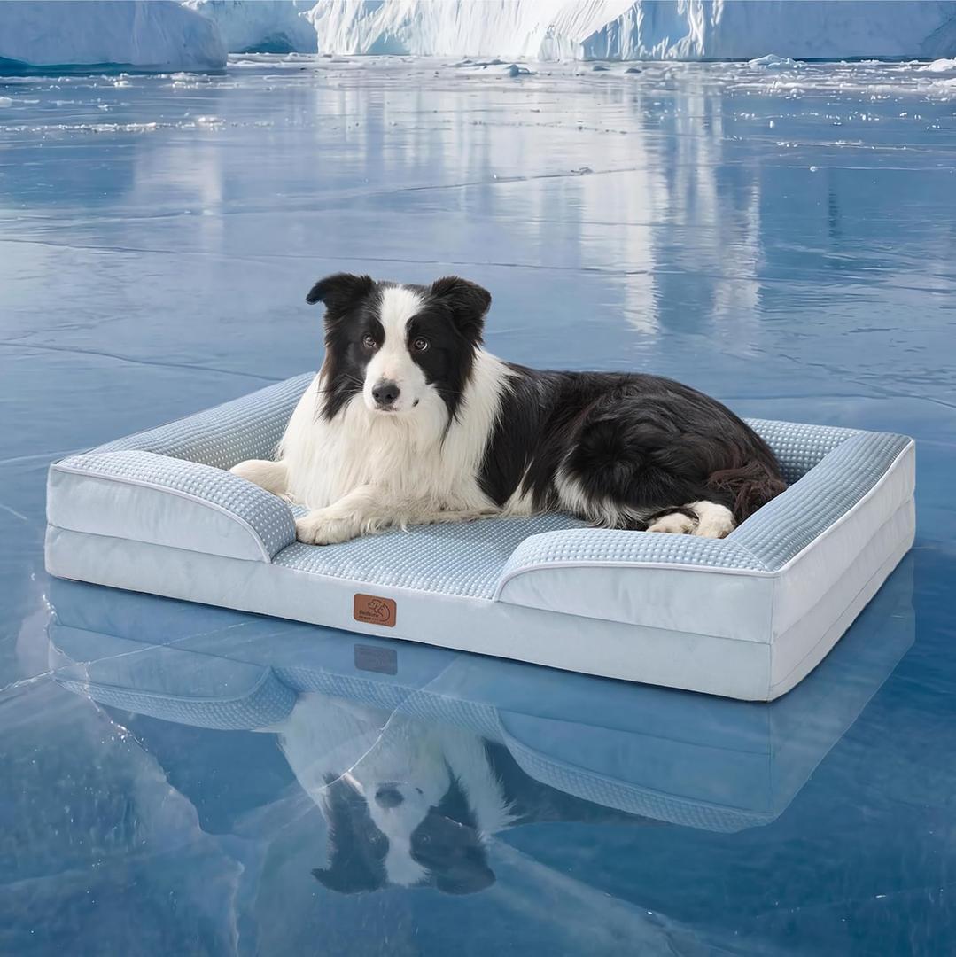 Bedsure XL Dog Bed for Extra Large Dogs - Orthopedic XLarge Dog Cat Cooling Bed Washable, Comfort Dogs Couch Sofa with Waterproof Removable Cover, Pet Bed with Nonskid Bottom, Cooling Blue, 42"