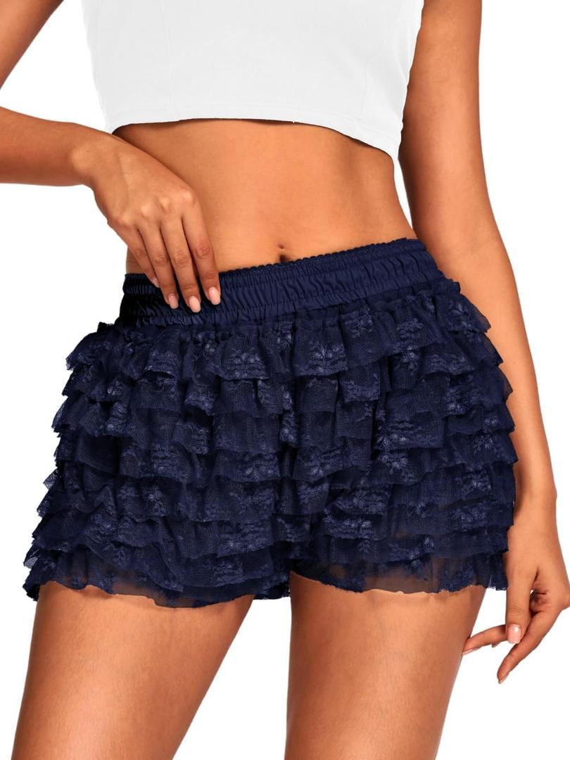 High Waisted Ruffle Shorts for Women Girls, Cute Lace Layered Bloomers, Going Out Mini Micro Bloomer (Medium, Dark Blue)