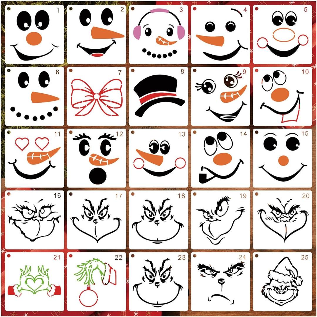 Christmas Snow Man Face Stencils for Painting on Wood, Snowmans for Crafts Reusable Wood Burning Drawing Art Paint Patterns for Wall Cake Cookie Canvas Furniture Paper (face5in25)