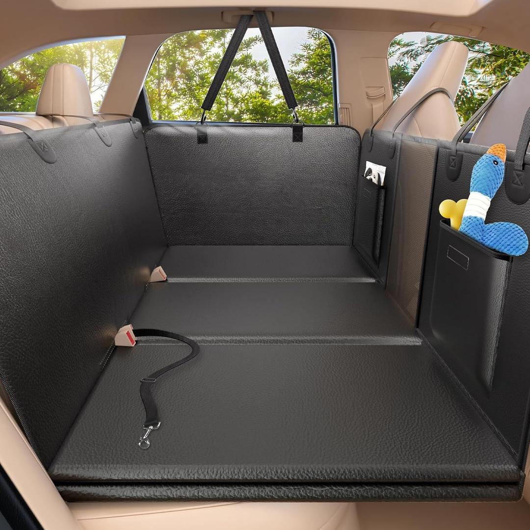 Back Seat Extender for Dogs-Upgraded PU Leather, Hard Bottom Dog Car Seat Cover for Back Seat, Anti-Scratch Backseat Extender for Dogs,Waterproof Dog Hammock for Car, SUV, 420lbs (For Cars/ Mid-Size SUV/ Small Truck, All Black)