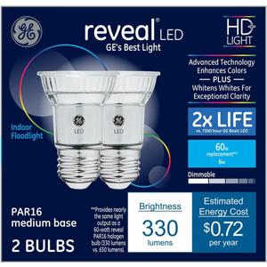 GE Reveal 2-Pack 60 W Equivalent Dimmable 3000K Color-Enhancing Par16 LED Light Fixture Light Bulbs