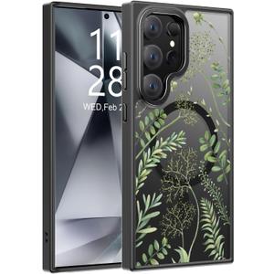Goodon for Galaxy S25 Ultra Case, Wireless Charging Compatible, Shockproof Translucent Matte Cover - Cute Floral Design Phone Case for Women Girls - Green Leaves