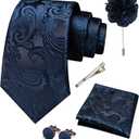 Mens Paisley Tie and Pocket Square,Lapel Pin,Cufflinks,Tie Clip Sets with Gift Box 5PCS (Navy Blue)
