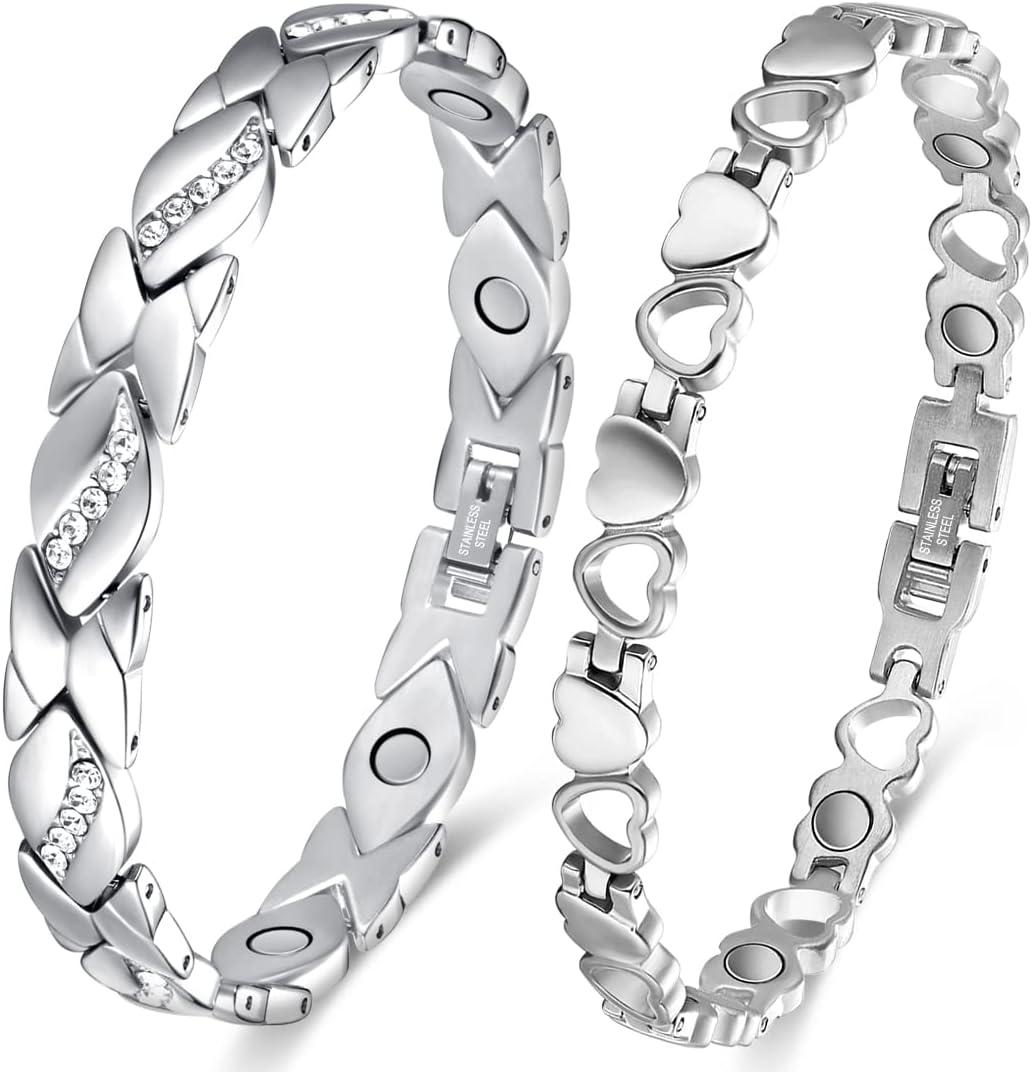 2PCS Magnetic Bracelets for Women Adjustable Titanium Steel Magnetic Bracelet with Strength Magnets Sizing Tool (Crystal & Love)