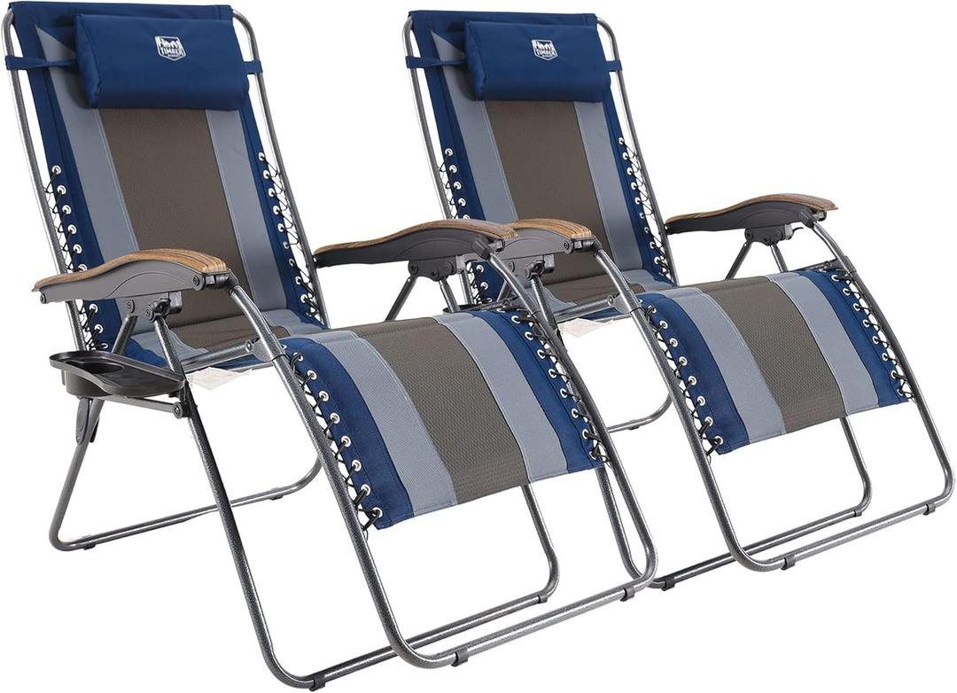 Timber Ridge Oversized Zero Gravity Chair, Padded Reclining Lounge Chair with Adjustable Headrest & Cup Holder, Heavy Duty Support 350 lbs, Foldable for Camping, Lawn, Outdoor & Indoor (Blue, Pack of 2)