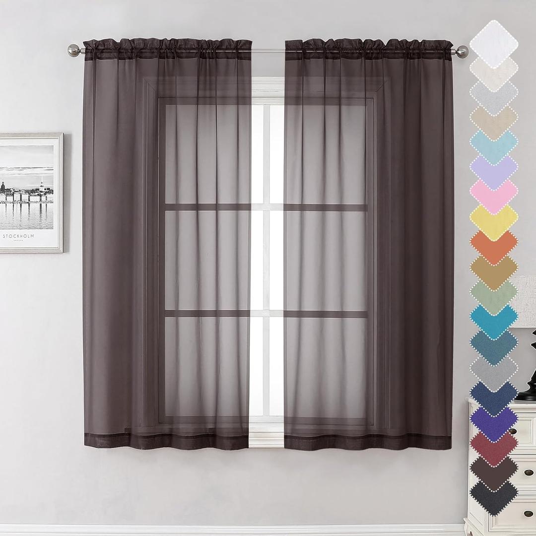 Lecloud Sheer Curtains 63 Inch Length 2 Panels Set, Chocolate Window Curtains for Bedroom, Voile Solid Light Filtering Living Room Curtain Drapes with Rod Pocket, Each Panel 42 X 63 Inch