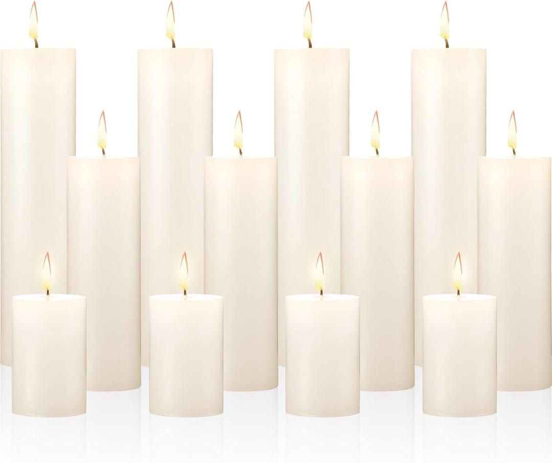 Nuogo 12 pcs Ivory Pillar Candles Dripless Unscented Candles Paraffin Wax Tall Tapers for Wedding Spa Birthday Holiday Bath Party Restaurant Home