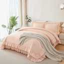 ANGIYUIN Pink Queen Size Comforter Set 5 Pieces Ruffled Bed in A Bag | Soft Farmhouse Fluffy Bedding Sets with Sheets Maicrofiber Shabby Bed Set for Girls Women(Pink Queen)