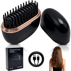 Mini Straightener,Rechargeable Portable Hair Straightener Brush,Fast Heating Hot Comb,Anti Scald Shell,3Speed Temperature Control,Lightweight Mini Hair Straightener Brush for Home Travel Gift (Black)
