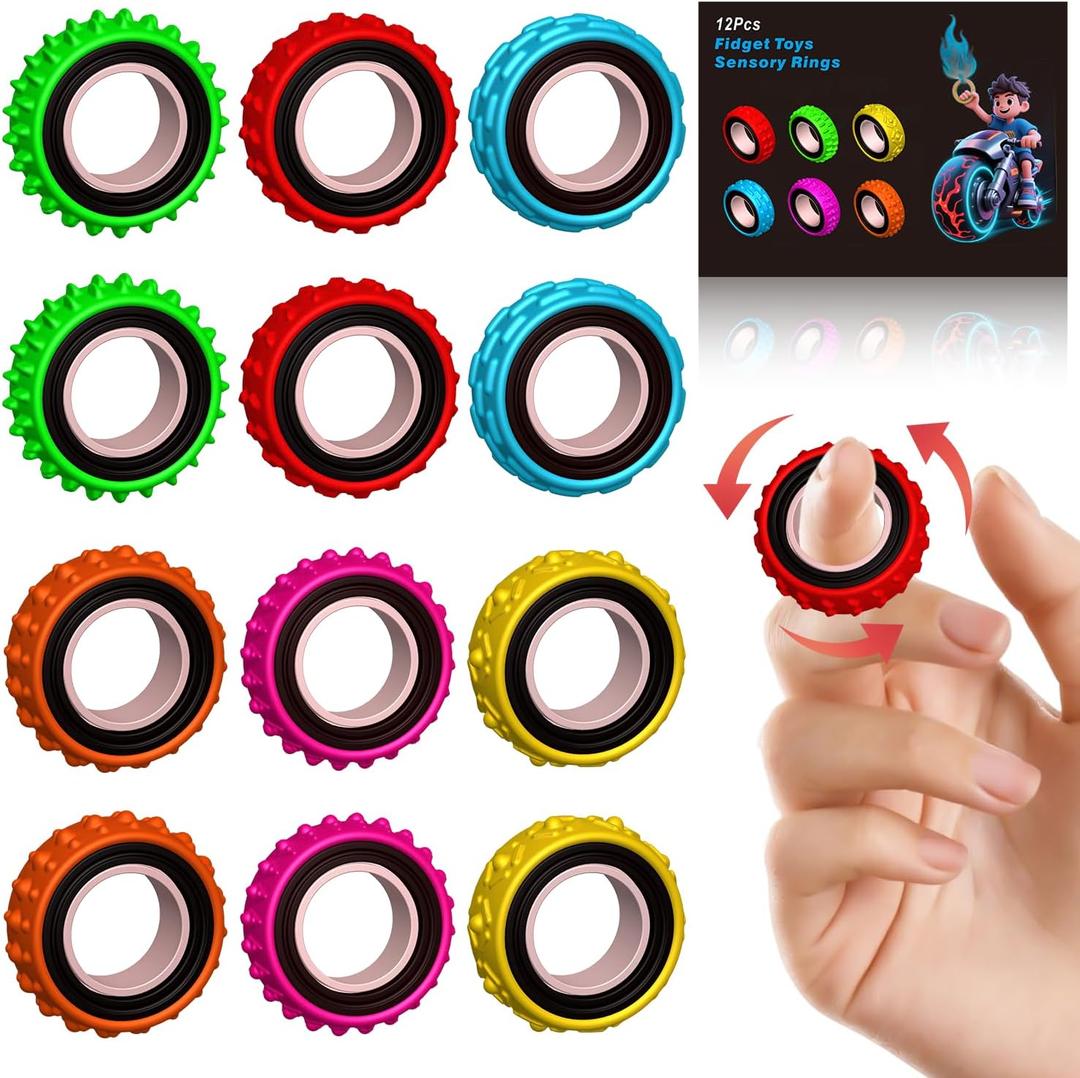 Fidget Toys Sensory Ring for Kids, Finger Spinner Rings Quiet Finger Spinne Fun Fidgets for Student Classroom Prize Stocking Stuffers (12PCS)