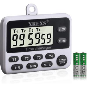 XREXS 4-Channel Digital Kitchen Timer Clock with Large LCD Display, 4 Groups Simultaneous Timing Countdown Up Pocket Timer, Magnetic Attachable (Battery Included)