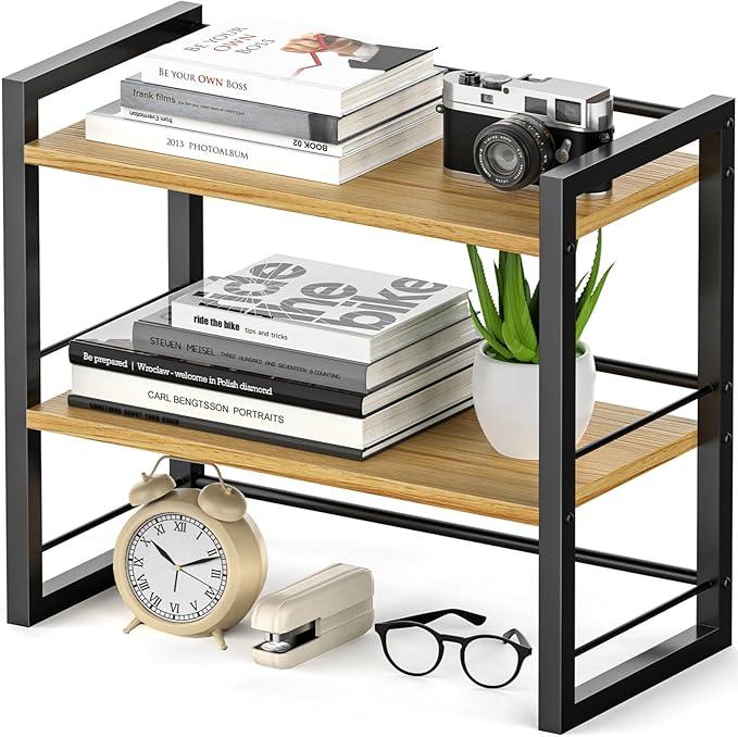 Desk Shelf Organizer, Adjustable 2 Tier Metal Desktop Shelves, Desktop Bookshelf Organization with Foot Mat, Multi-Functional Small Storage Rack for Office Dorm Home, Black