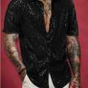 OYOANGLE Men's Sequin Shiny Button Down Shirt Short Sleeve Collared Shirts Party Holiday Tops (Black, XXL)