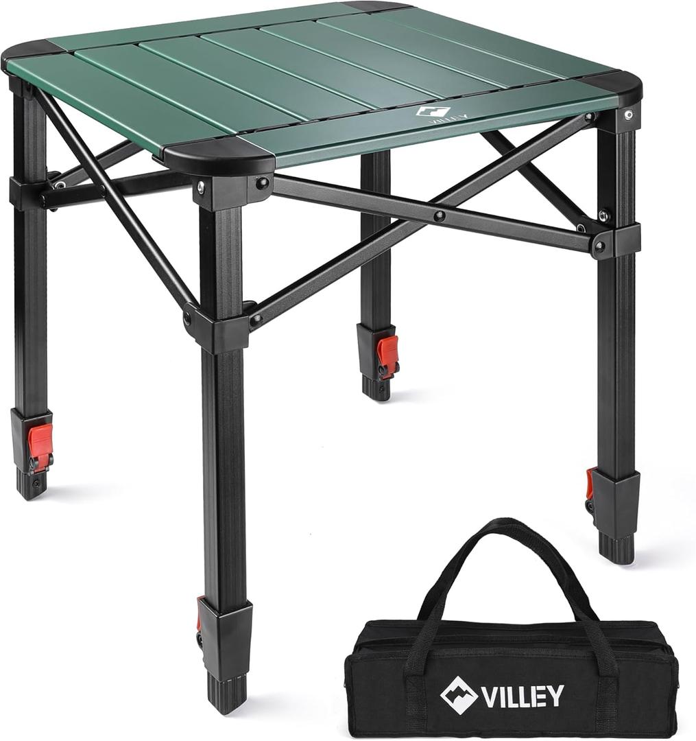 VILLEY Folding Camping Square Table with Carry Bag, Lightweight Aluminum Adjustable Square Table for Outdoor, Camping, Picnic, Backyards, BBQ (S) (Green)