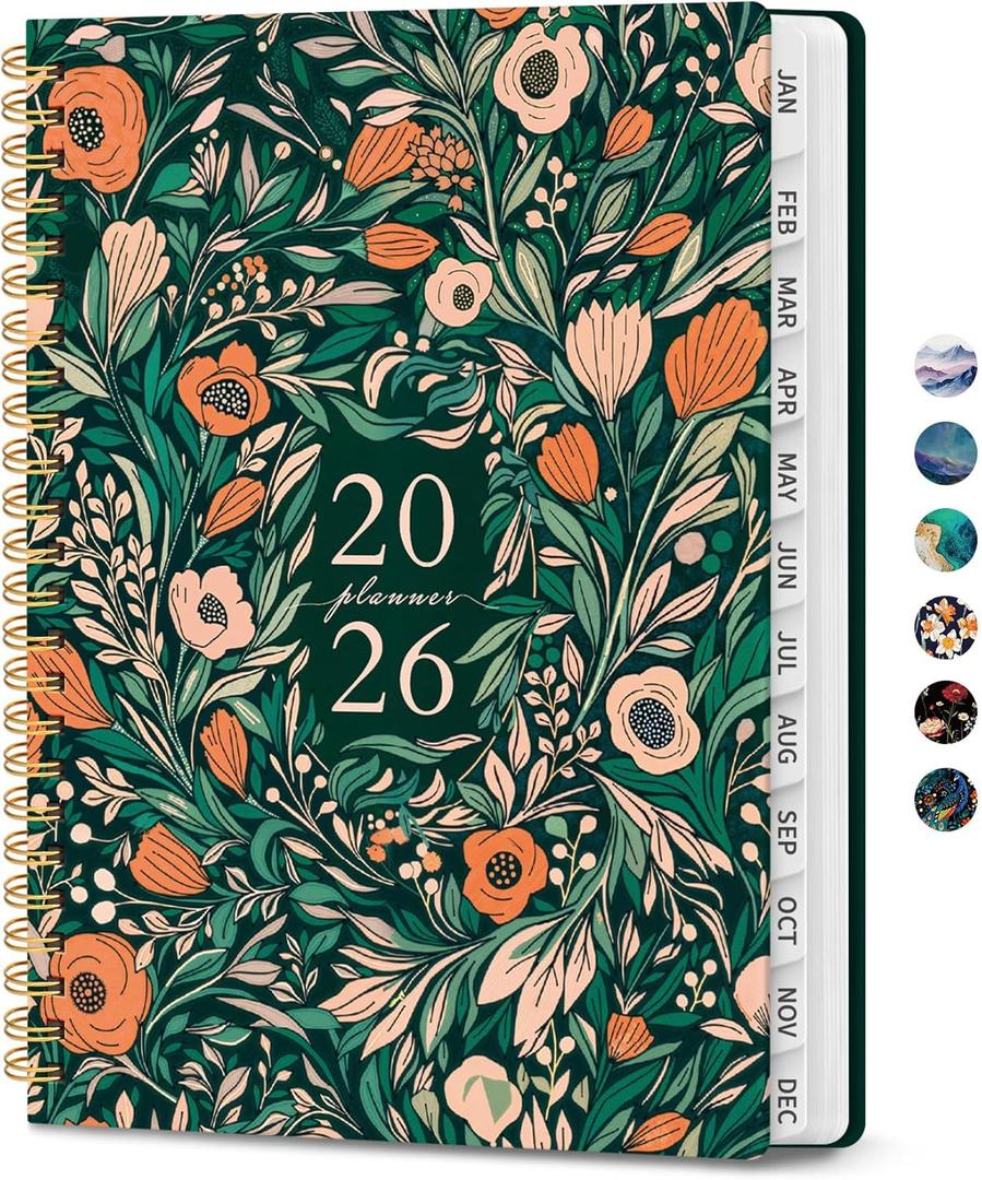 2026 Planner, Weekly and Monthly Calendar Planner for Women, Jan 2026 - Dec 2026, Hardcover Planning Agenda book with Tabs, Spiral Bound, Inner Pocket, Perfect for School Office Supplies, 6.3" x 8.5" - Verdant Bloom