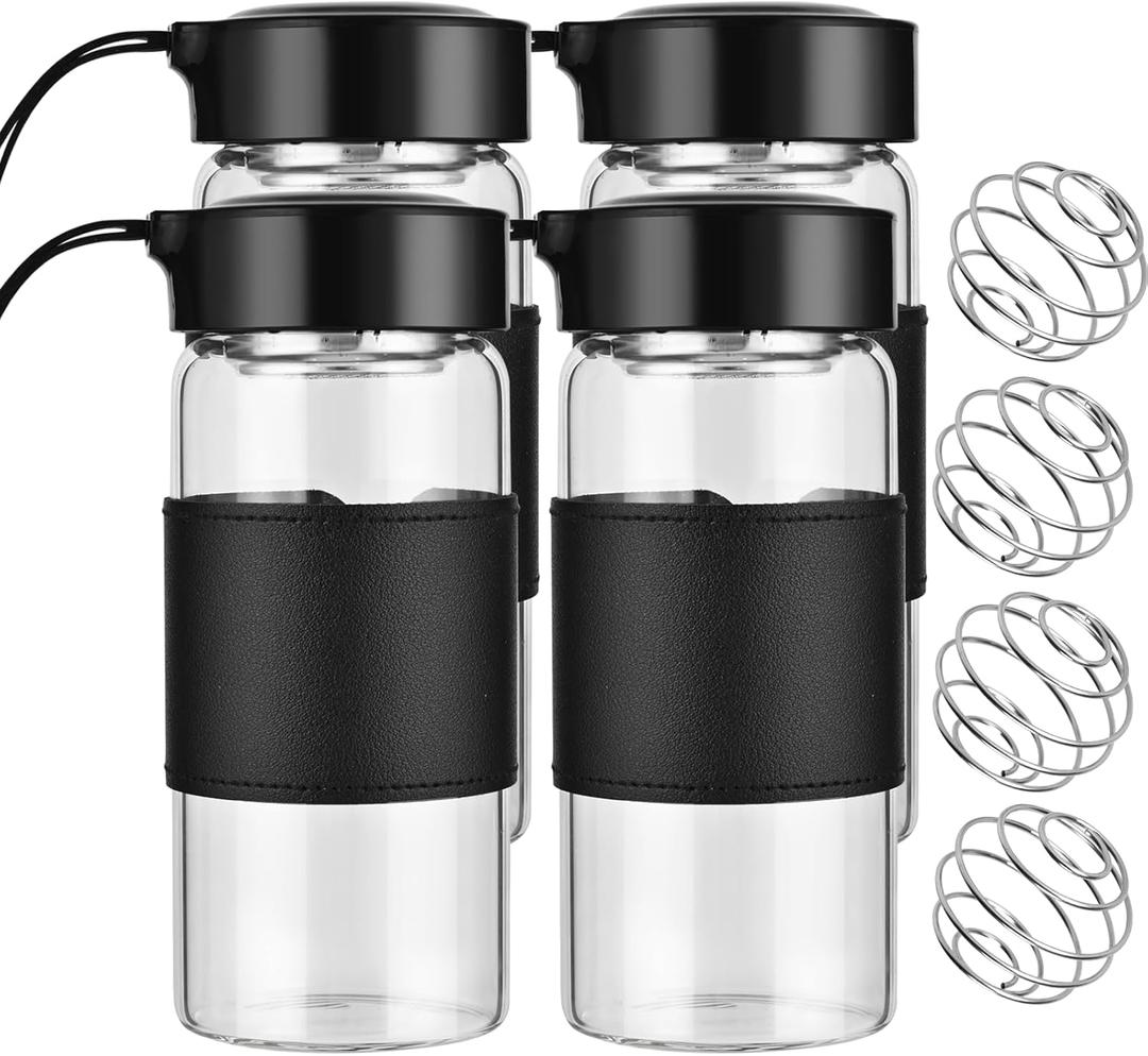 Small Glass Shaker Bottle, 4 Pack 16oz BPA Free Odorless Shaker Bottle with 304SS Mixing Ball and Removable Cleaning Brush for Fitness & Protein Shakes(Black-4Pack)