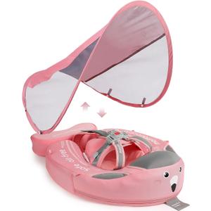 Mambobaby Float with Canopy, Baby Swim Float with Tail, New Upgraded Non-Inflatable Solid Baby Pool Float, Soft Skin-Friendly Fabric Material Infant Swim Float (Special Edition Pink)