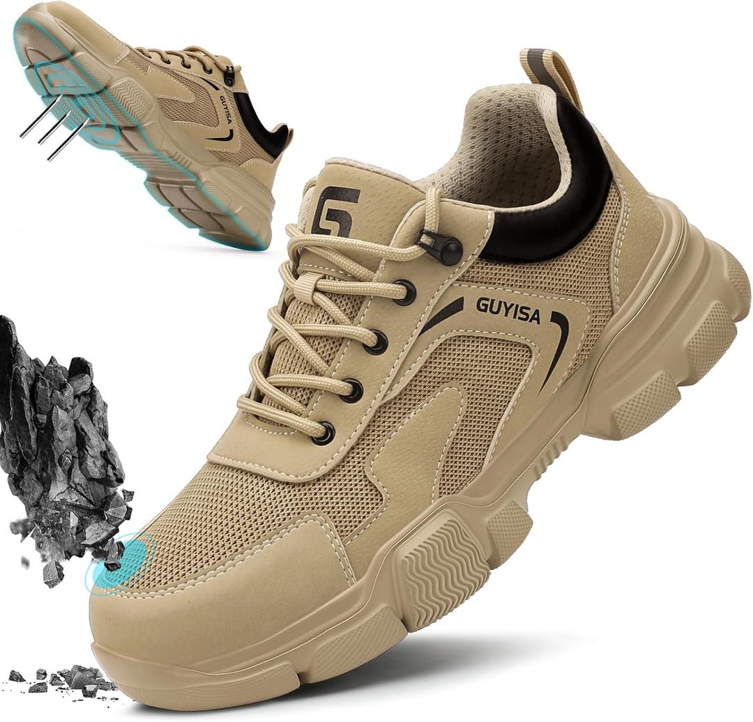Steel Toe Shoes for Men Lightweight Puncture Resistant Safety Footwear Work Shoes Men Safety Work Shoe Comfortable for Construction Warehouse Jobs (Beige) 10.5