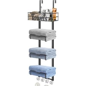 Over The Door Towel Racks, No Drill Towel Storage with Basket & Hooks, Space-Saving Multi-Functional Towel Holder for Bathrooms, bedrooms, Apartments, RVs (Matte Black, 5 Tier)