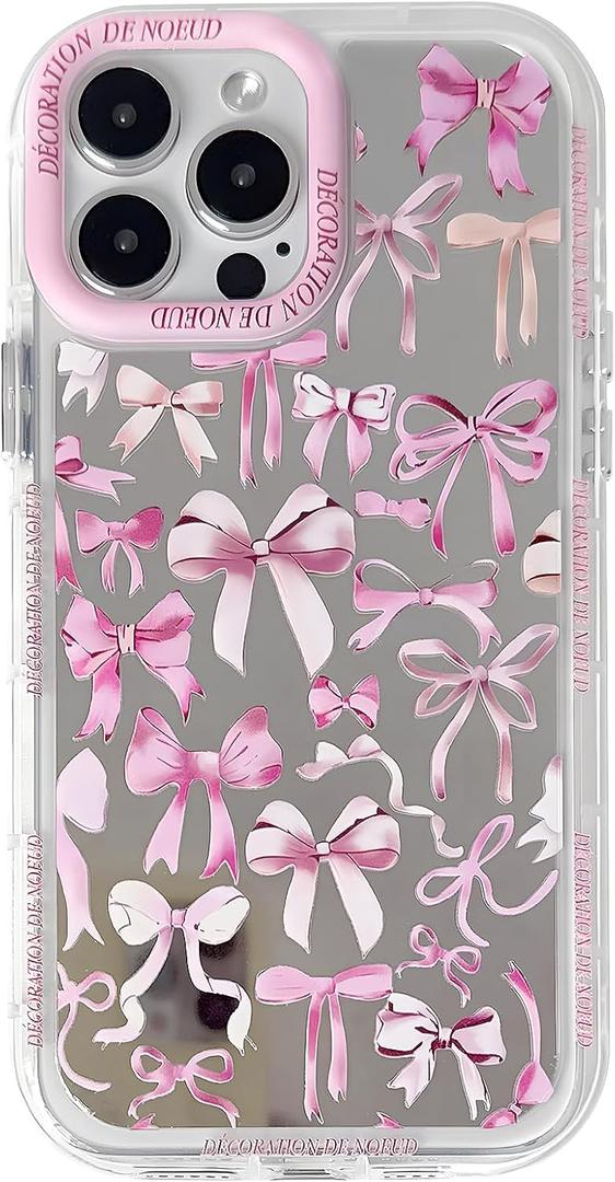 NITITOP Compatible with iPhone 15 Pro Max Case Mirror Cute Silk Ribbon Bow Knot Pattern for Girls Women Bowknot Ultra Slim with Bumper Protector Soft TPU Silver Protective Cover - Pink