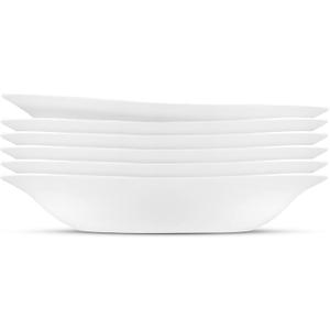 Bormioli Rocco Parma Set Of 5 Pasta Bowls And Soup Plates, 8.75 Inch Tempered Opal Glass, Clean White, Linear & Curved Design, Dishwasher Safe, Made In Spain.
