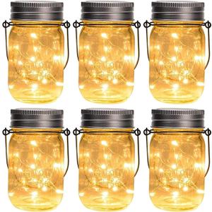 GIGALUMI Hanging Mason Jar Solar Lights, 6 Pack 30 Led Hanging Solar Lanterns Outdoor Waterproof, Hangers and Jars Included, Outdoor Decor for Balcony, Garden, Patio, Yard, Wedding