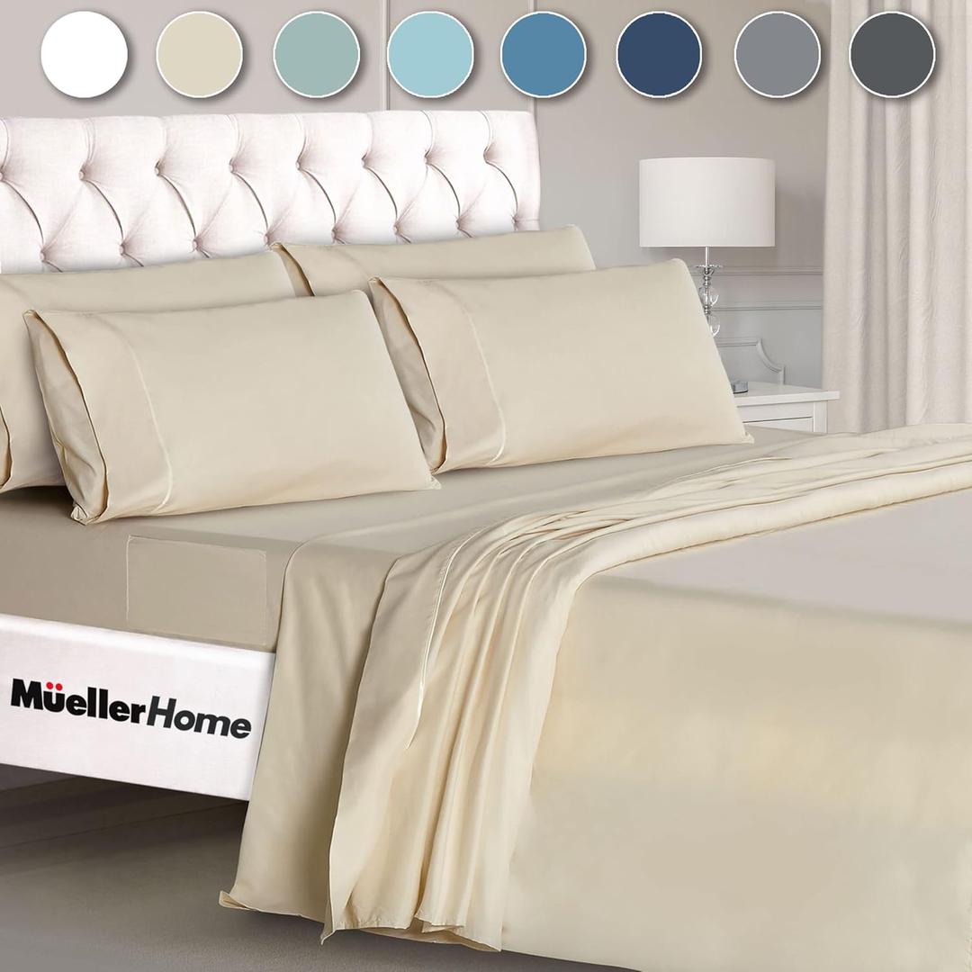 Mueller Ultratemp King Size Sheets Set, Super Soft 1800, 6 Piece, Deep Pocket up to 16" Cooling Sheets King Size, Transfers Heat, Breathes Better, Hypoallergenic, Wrinkle, Cream