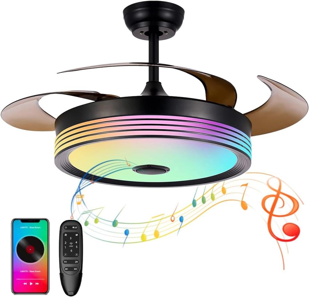42 inch Modern Retractable Ceiling Fan with Lights and Remote Control, 6Speed Dimmable Fandelier, Smart Ceiling Fan Light with Bluetooth Speaker, RGB Color Reversible Bedroom Living Room Black